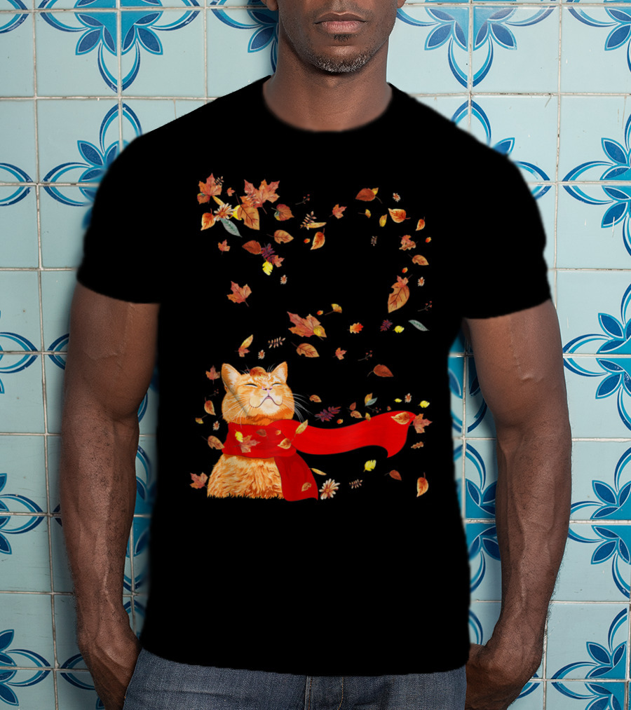 Hello Autumn Maple Leaf Fall Funny Cat Kitten Lover T-Shirt