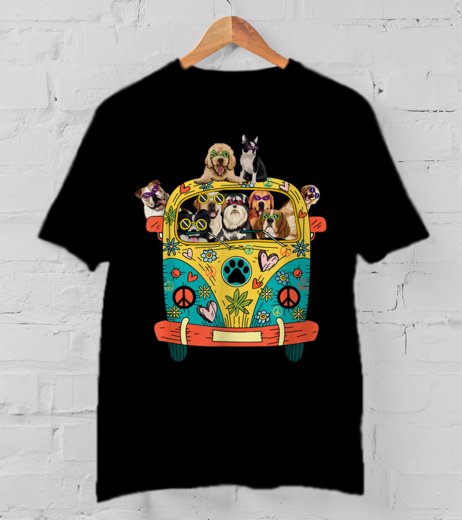 Peace Love Dogs Hippie Van With Sunglasses And Tropical Flowers T-Shirt