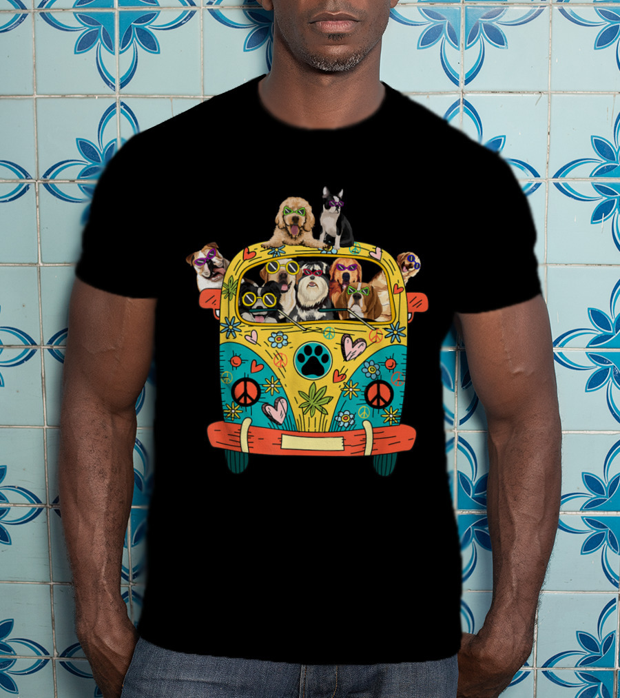 Peace Love Dogs Hippie Van With Sunglasses And Tropical Flowers T-Shirt