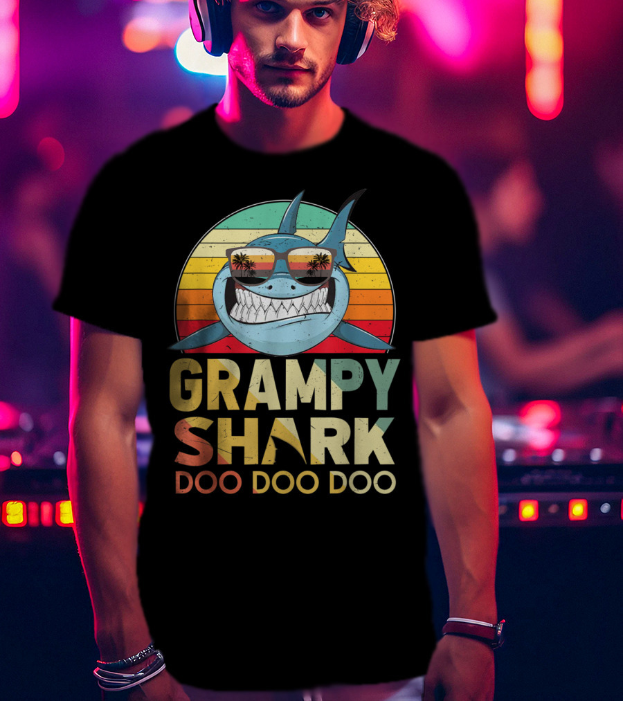 Grampy Shark Doo Doo Doo Retro Vintage Palm Trees Sunglasses T-Shirt