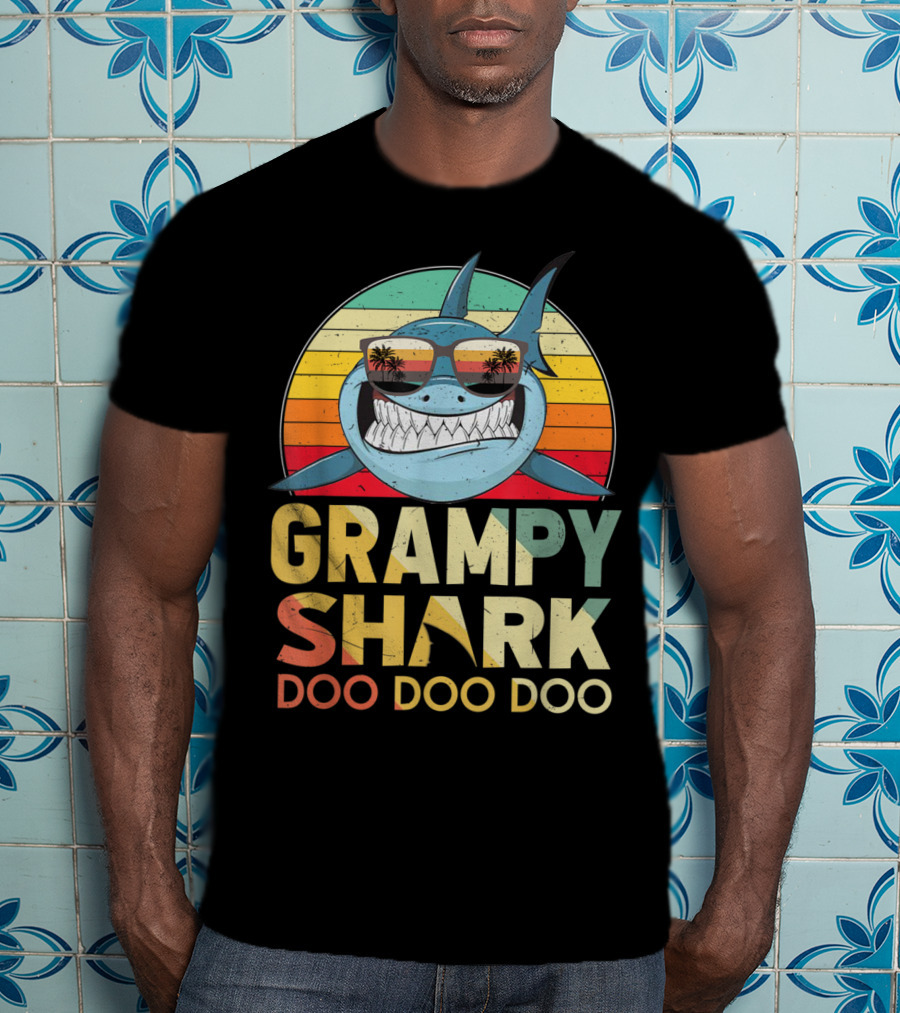 Grampy Shark Doo Doo Doo Retro Vintage Palm Trees Sunglasses T-Shirt