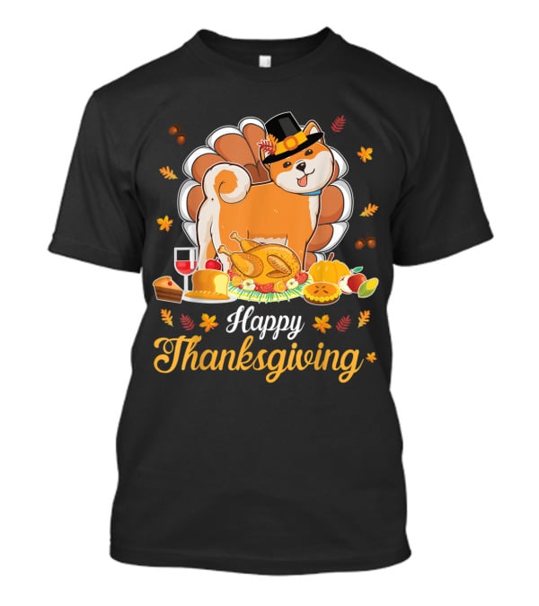 Happy Thanksgiving Shiba Inu Dog With Turkey Dish And Wine T-Shirt