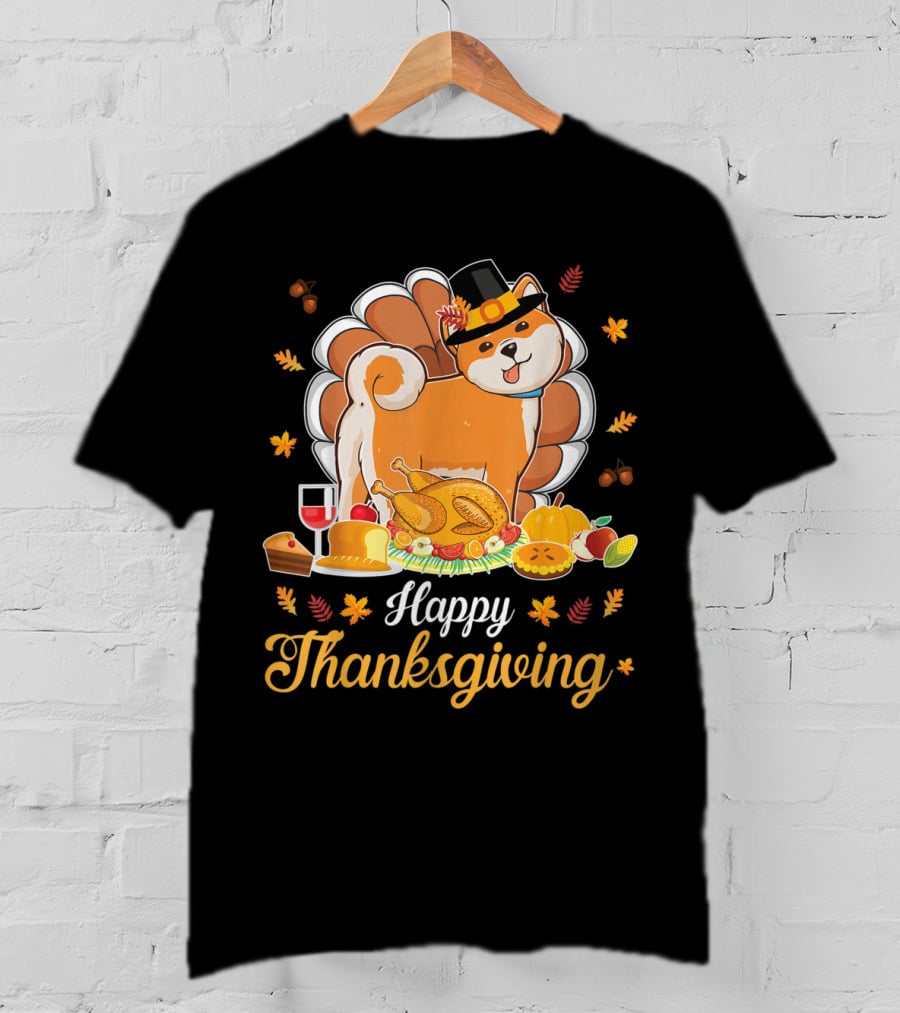Happy Thanksgiving Shiba Inu Dog With Turkey Dish And Wine T-Shirt