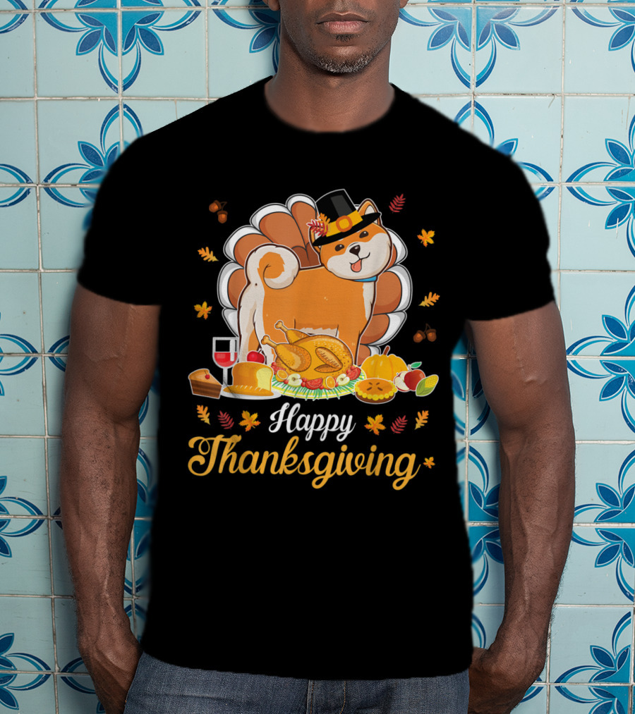Happy Thanksgiving Shiba Inu Dog With Turkey Dish And Wine T-Shirt