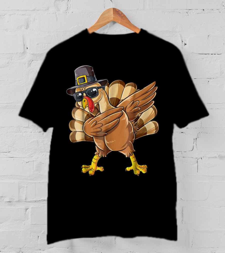 Thanksgiving Dabbing Turkey Pilgrim Hat Sunglasses Boys Day T-Shirt