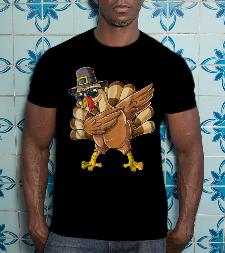 Thanksgiving Dabbing Turkey Pilgrim Hat Sunglasses Boys Day T-Shirt