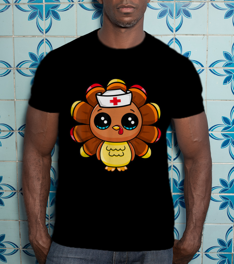Thanksgiving Nurse Turkey Cute Family Cartoon Nurse Turkey T-Shirt