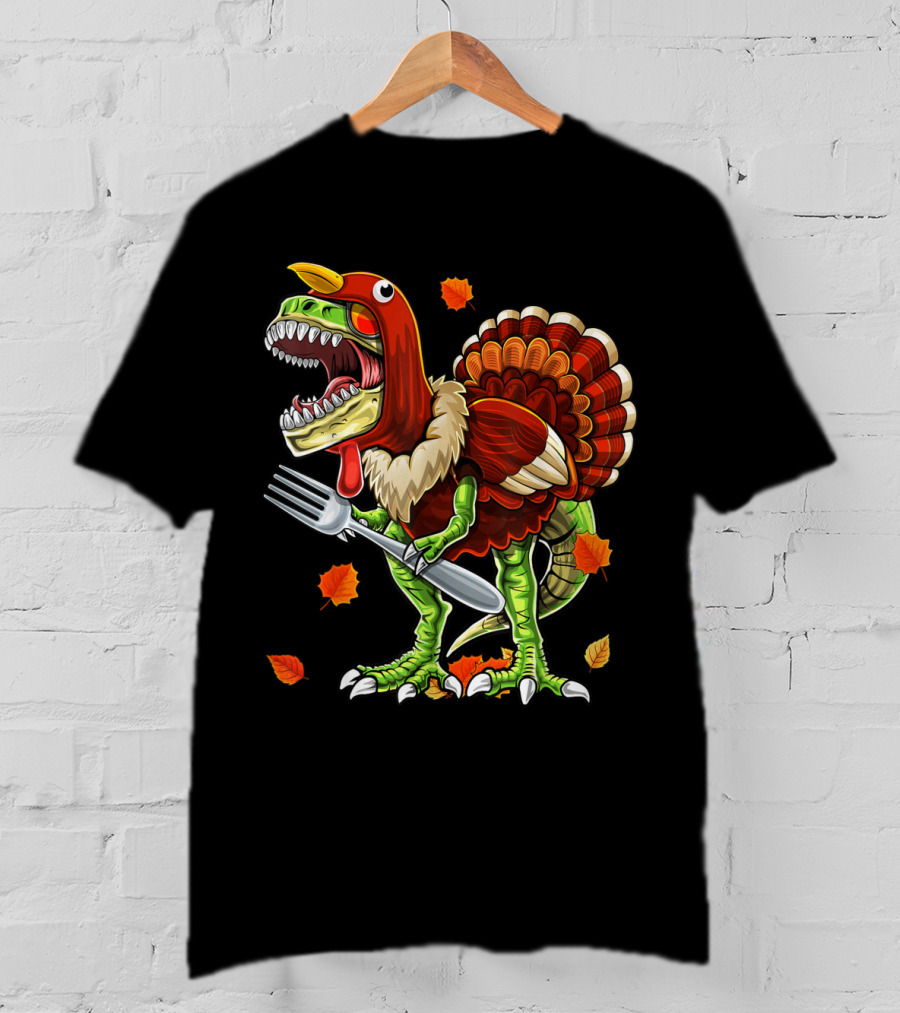 Thanksgiving Rex Dinosaur Turkey With Fork And Autumn Leaves T-Shirt