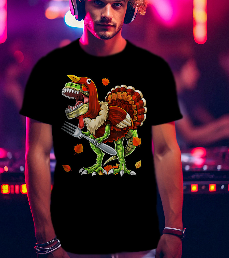 Thanksgiving Rex Dinosaur Turkey With Fork And Autumn Leaves T-Shirt