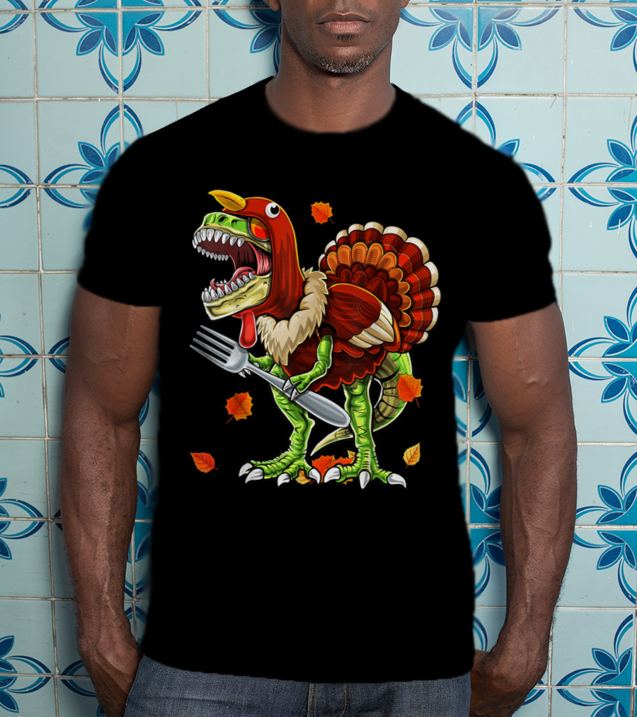 Thanksgiving Rex Dinosaur Turkey With Fork And Autumn Leaves T-Shirt