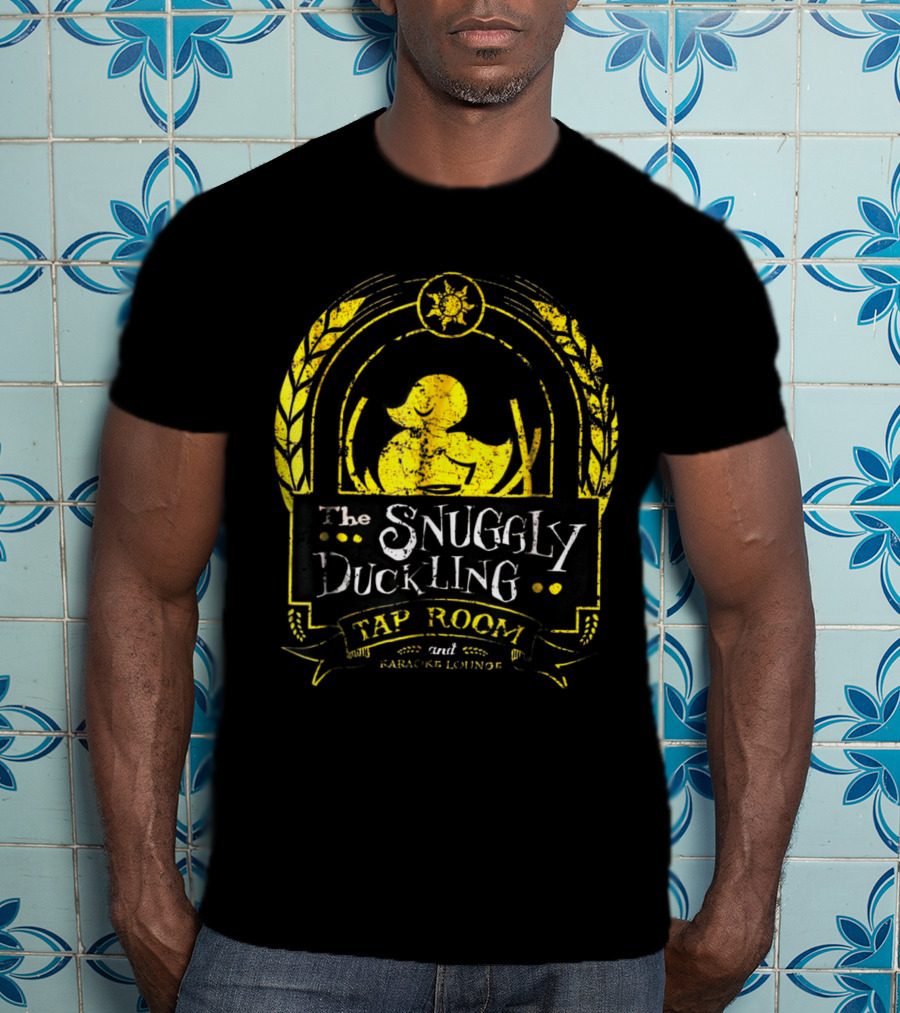 Snuggly Duckling Tap Room And Parlor Lounge With Yellow Duck And Sunburst Motif T-Shirt
