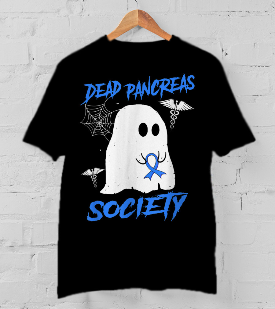 Dead Pancreas Society Diabetes Awareness Halloween Ghost With Blue Ribbon And Caduceus T-Shirt