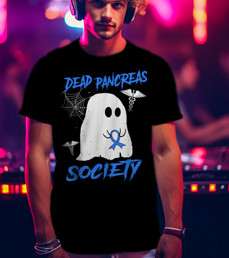 Dead Pancreas Society Diabetes Awareness Halloween Ghost With Blue Ribbon And Caduceus T-Shirt