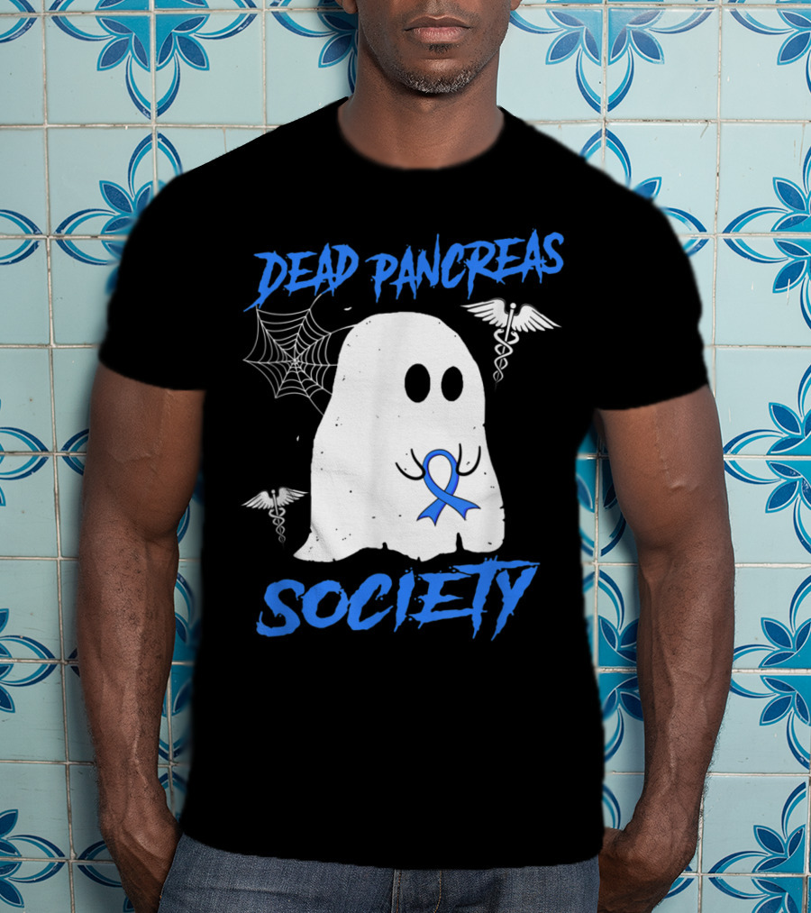 Dead Pancreas Society Diabetes Awareness Halloween Ghost With Blue Ribbon And Caduceus T-Shirt
