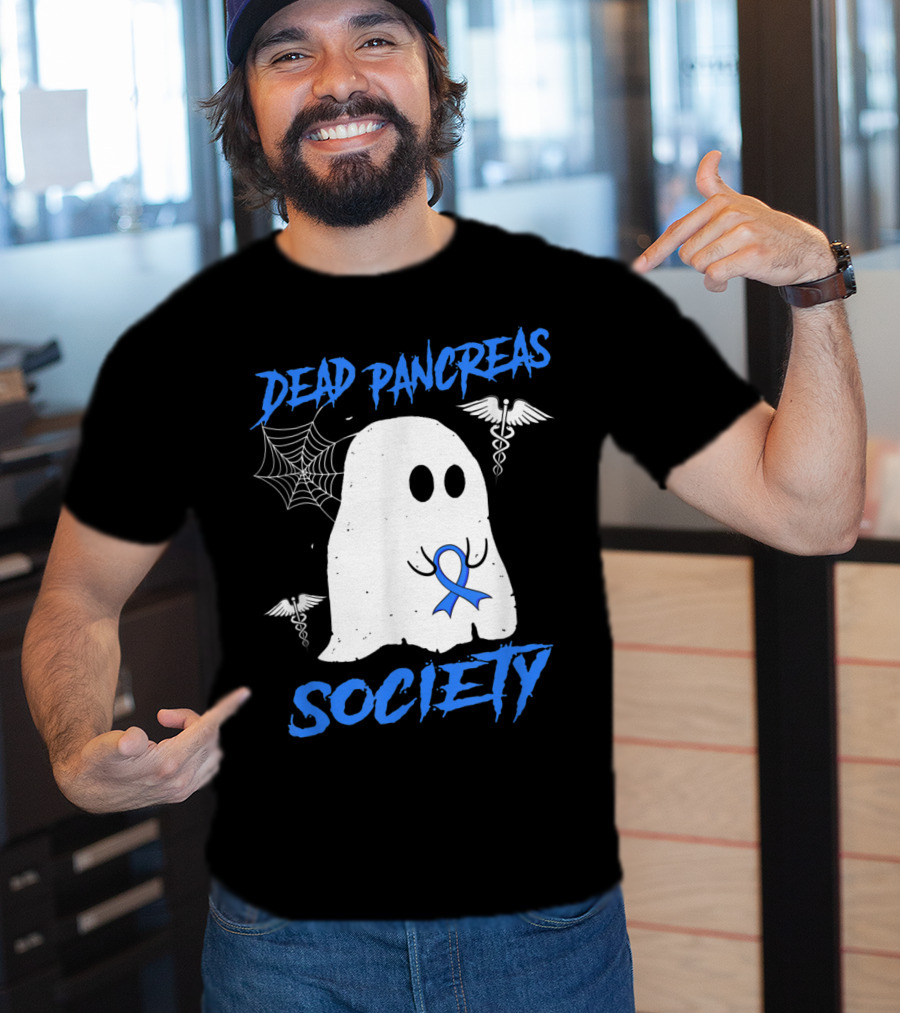 Dead Pancreas Society Diabetes Awareness Halloween Ghost With Blue Ribbon And Caduceus T-Shirt