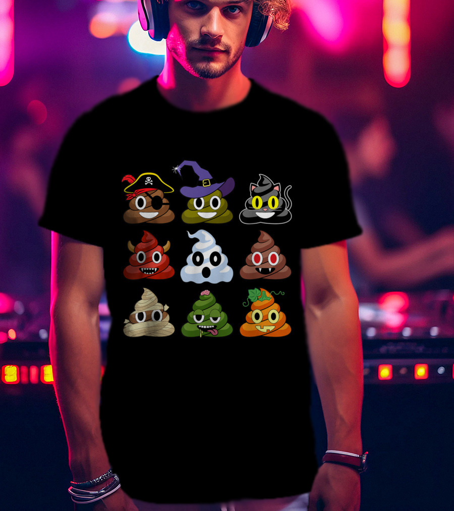 Halloween Pirate Witch Cat Devil Ghost Mummy Zombie Pumpkin Poop Emojis T-Shirt