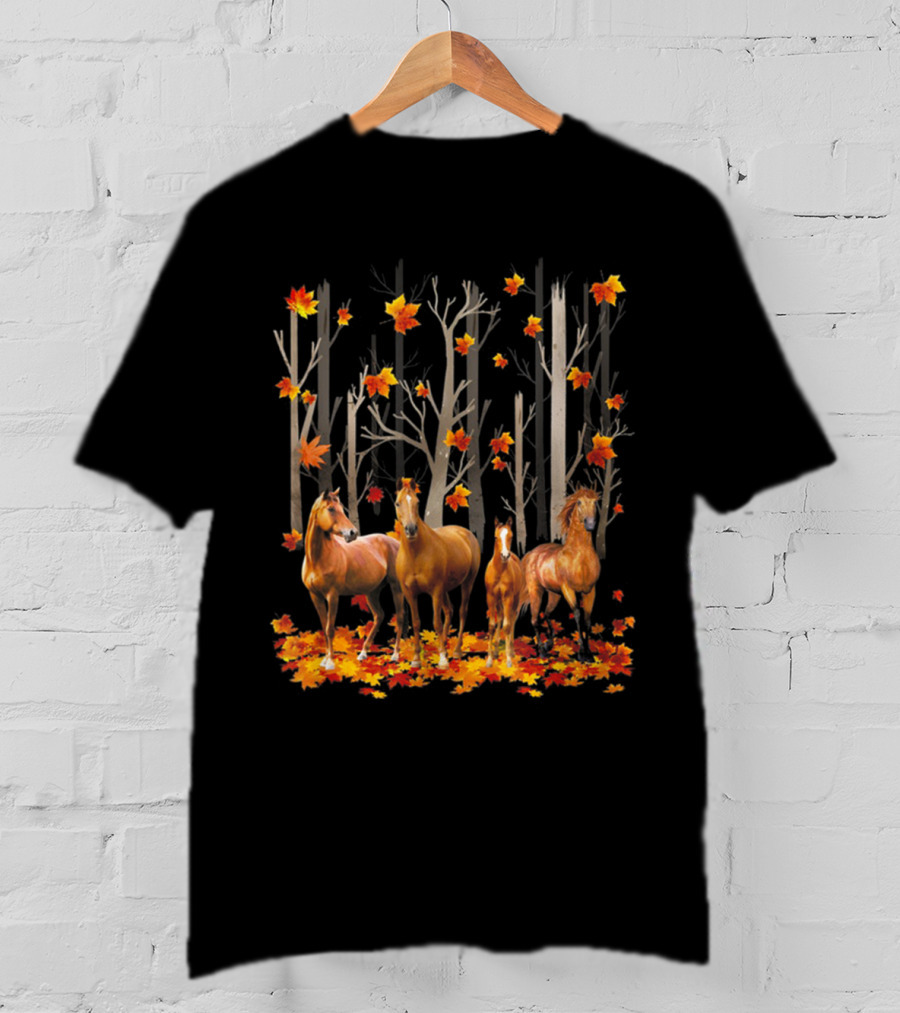 Maple Leaf Fall Hello Autumn Funny Horse Lover T-Shirt