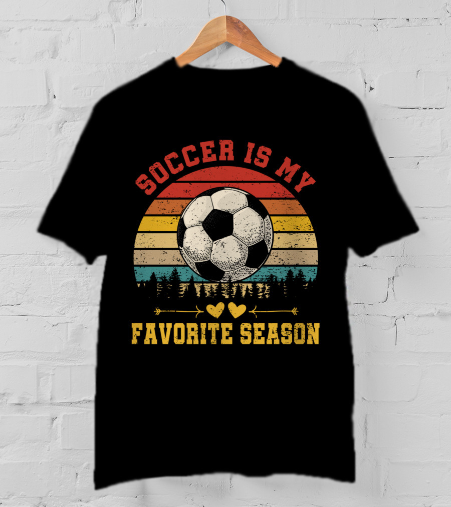Soccer Is My Favorite Season Vintage Sunset Forest Soccer Ball T-Shirt