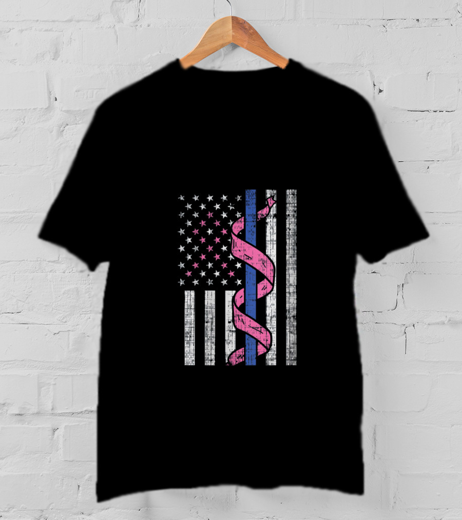 Blue Line American Flag Pink Ribbon Breast Cancer Awareness T-Shirt