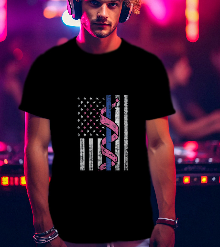 Blue Line American Flag Pink Ribbon Breast Cancer Awareness T-Shirt
