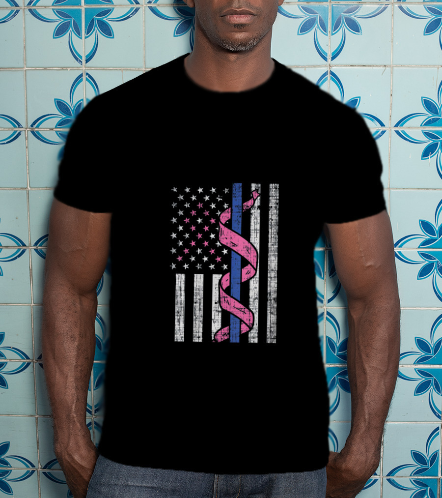 Blue Line American Flag Pink Ribbon Breast Cancer Awareness T-Shirt