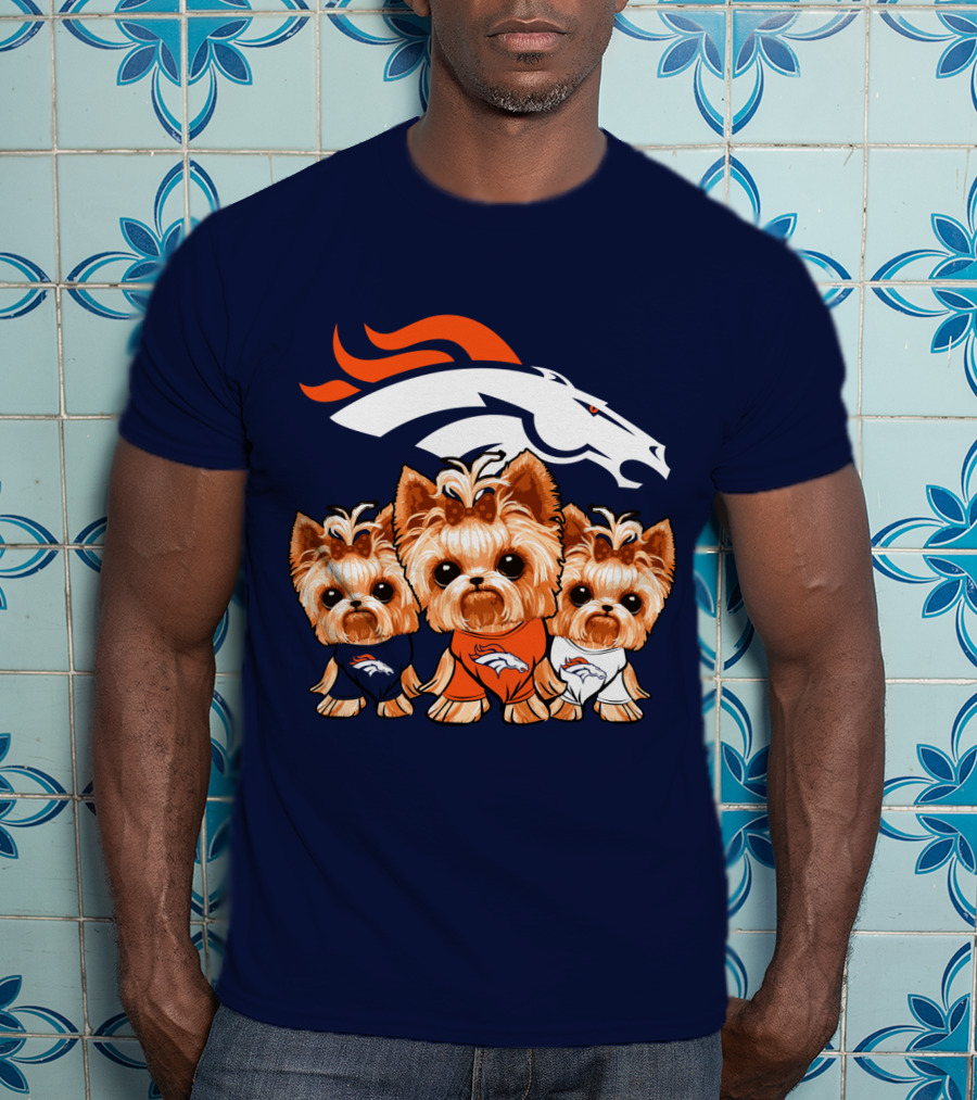 Denver Broncos Yorkies With Team Logo And Three Adorable Dogs In Jerseys T-Shirt