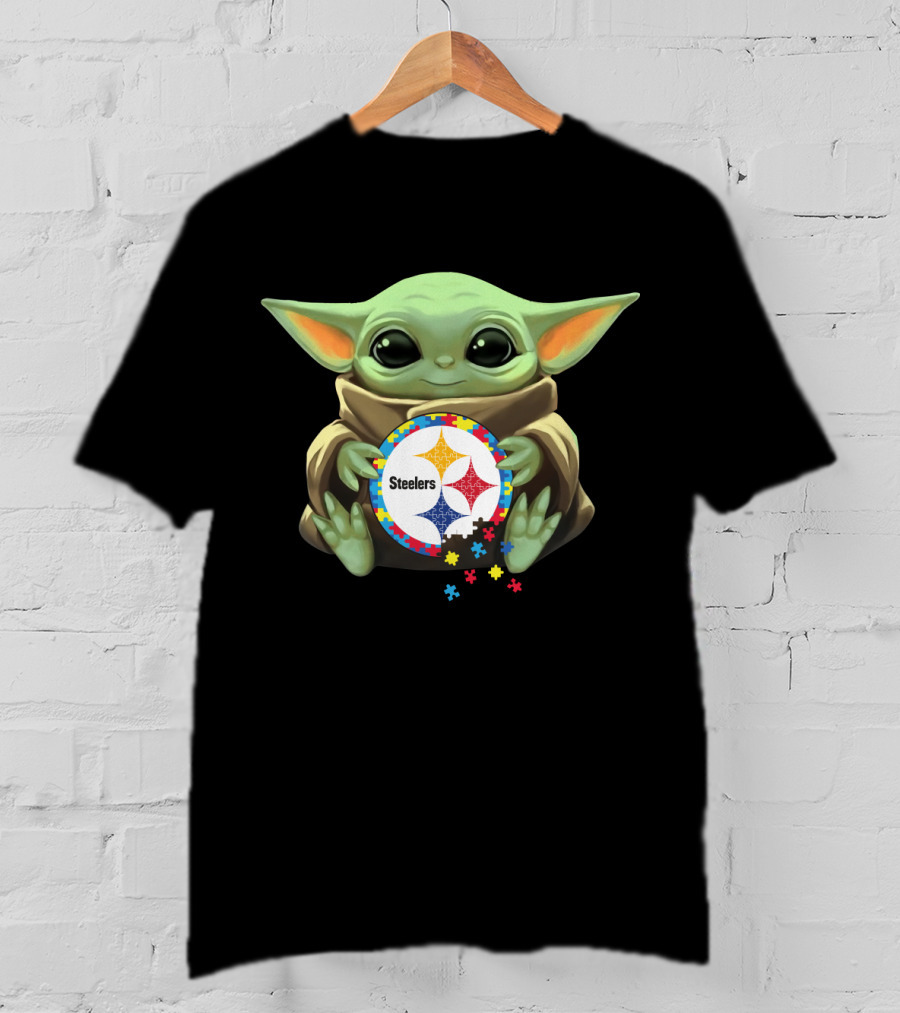 Baby Yoda Holding Steelers Autism Puzzle T-Shirt