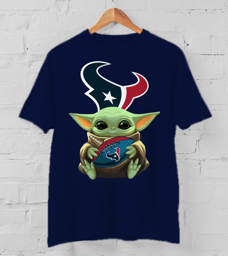 Baby Yoda Holding Houston Texans Football T-Shirt