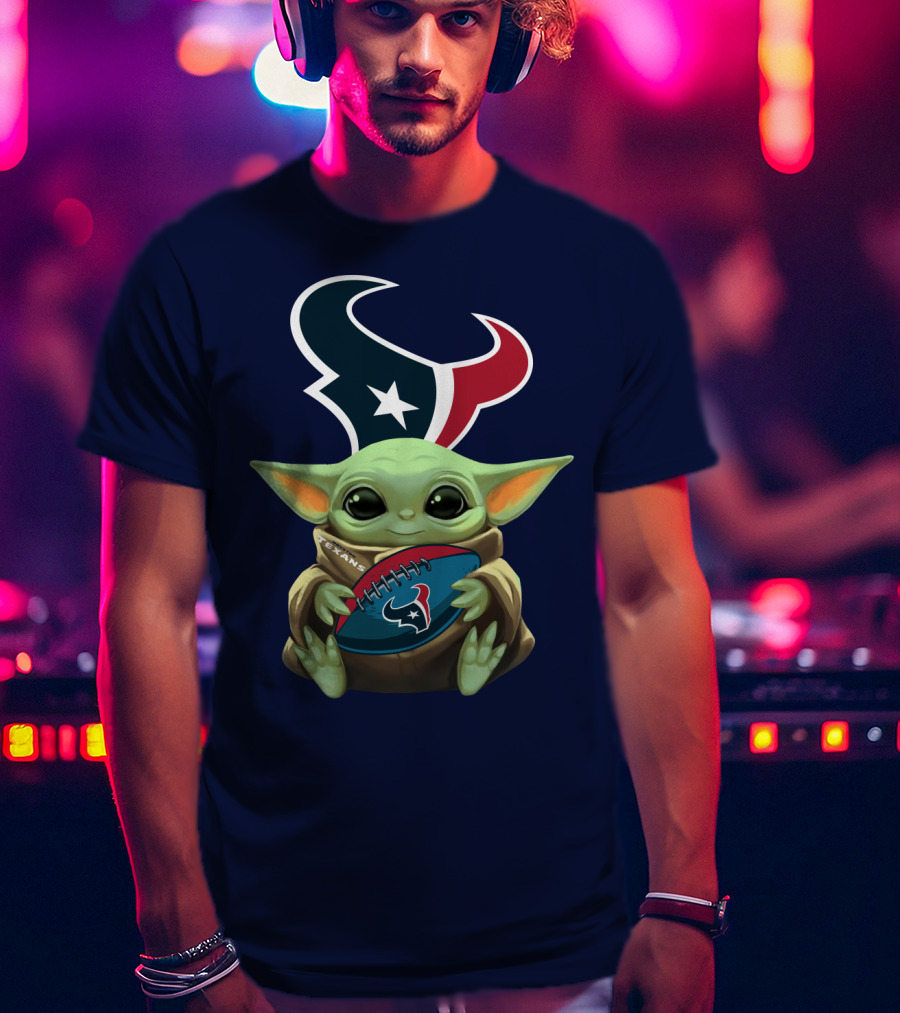 Baby Yoda Holding Houston Texans Football T-Shirt