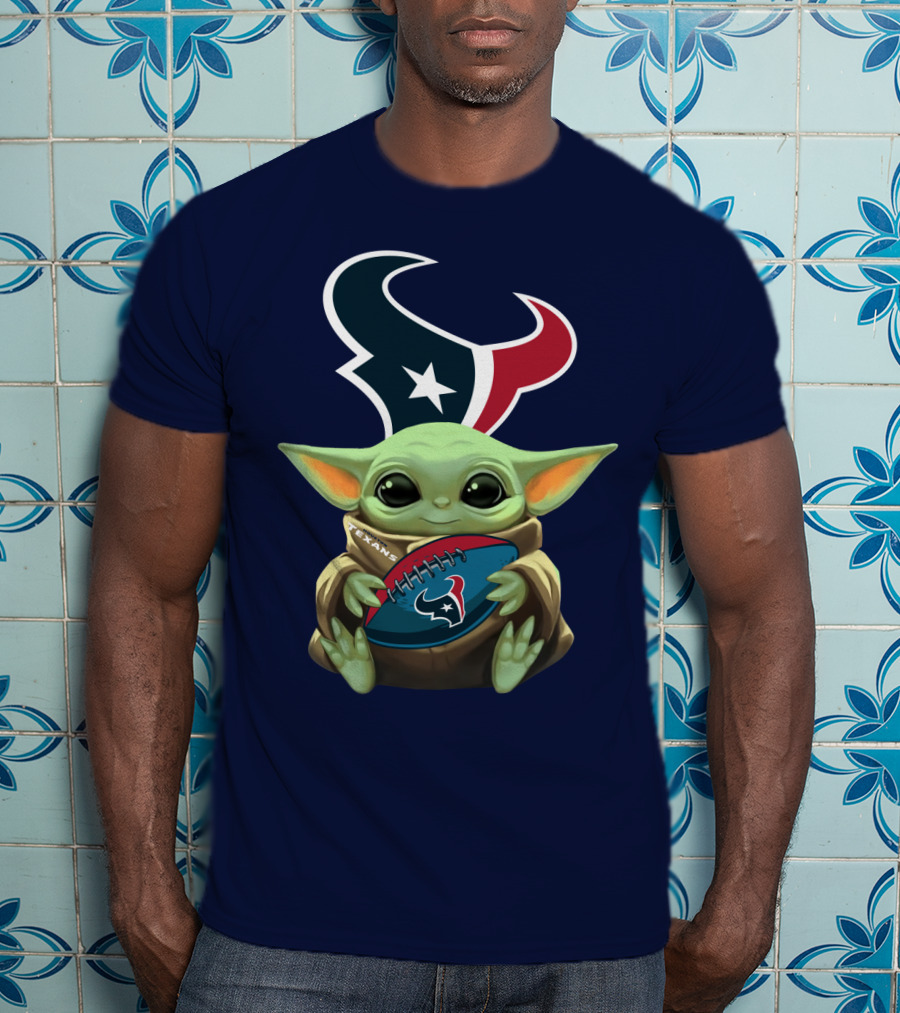 Baby Yoda Holding Houston Texans Football T-Shirt
