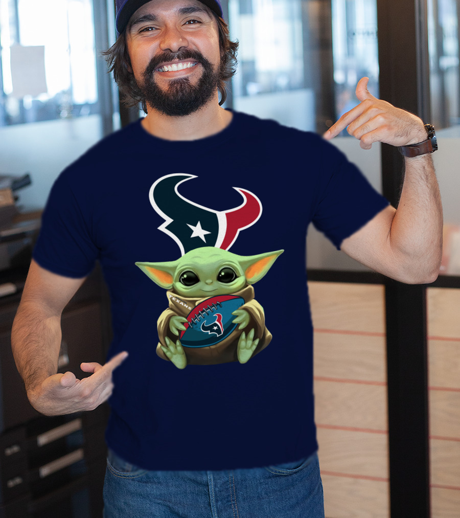 Baby Yoda Holding Houston Texans Football T-Shirt