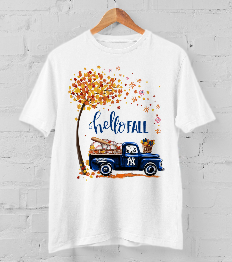 Hello Fall New York Yankees Autumn Truck Baseball Scene T-Shirt