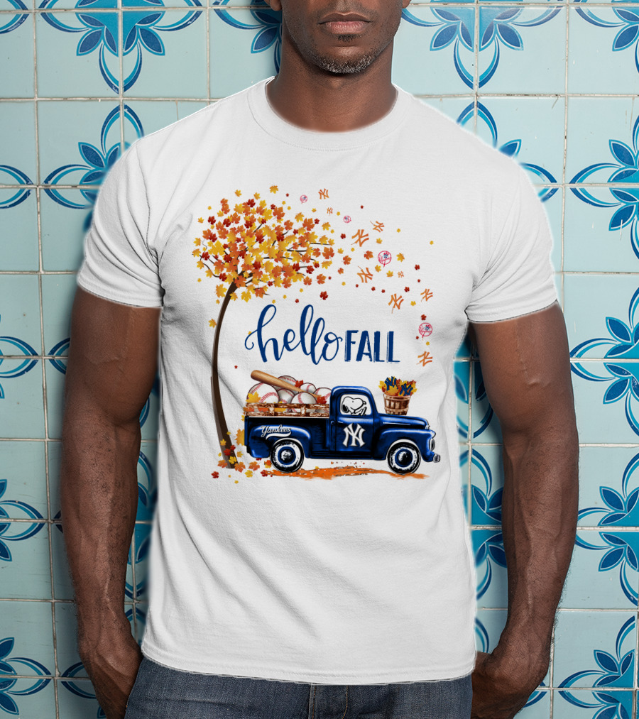 Hello Fall New York Yankees Autumn Truck Baseball Scene T-Shirt