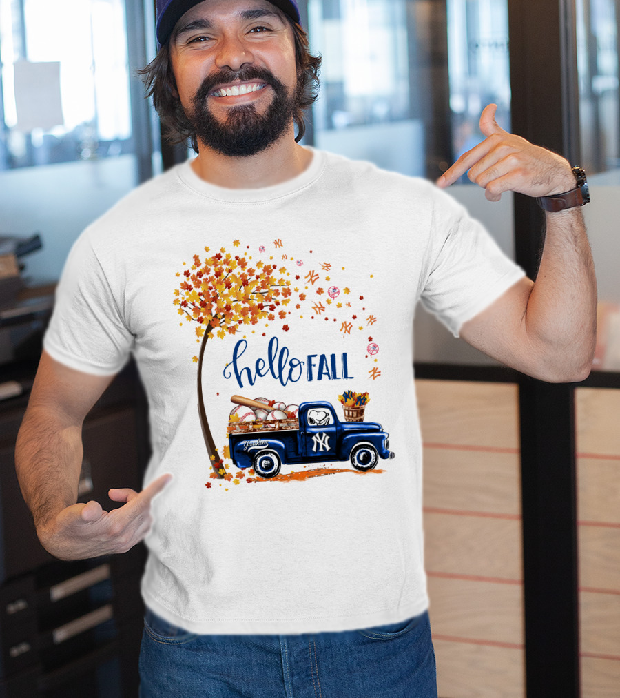 Hello Fall New York Yankees Autumn Truck Baseball Scene T-Shirt