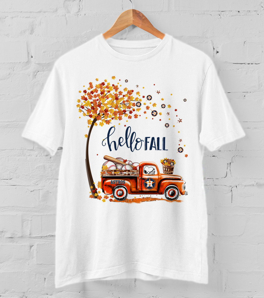 Hello Fall Astros Truck With Baseballs And Autumn Leaves T-Shirt
