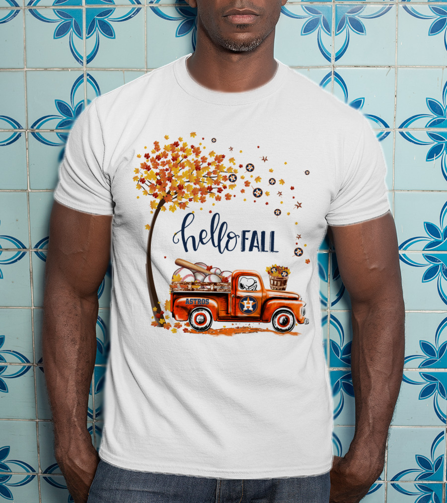 Hello Fall Astros Truck With Baseballs And Autumn Leaves T-Shirt