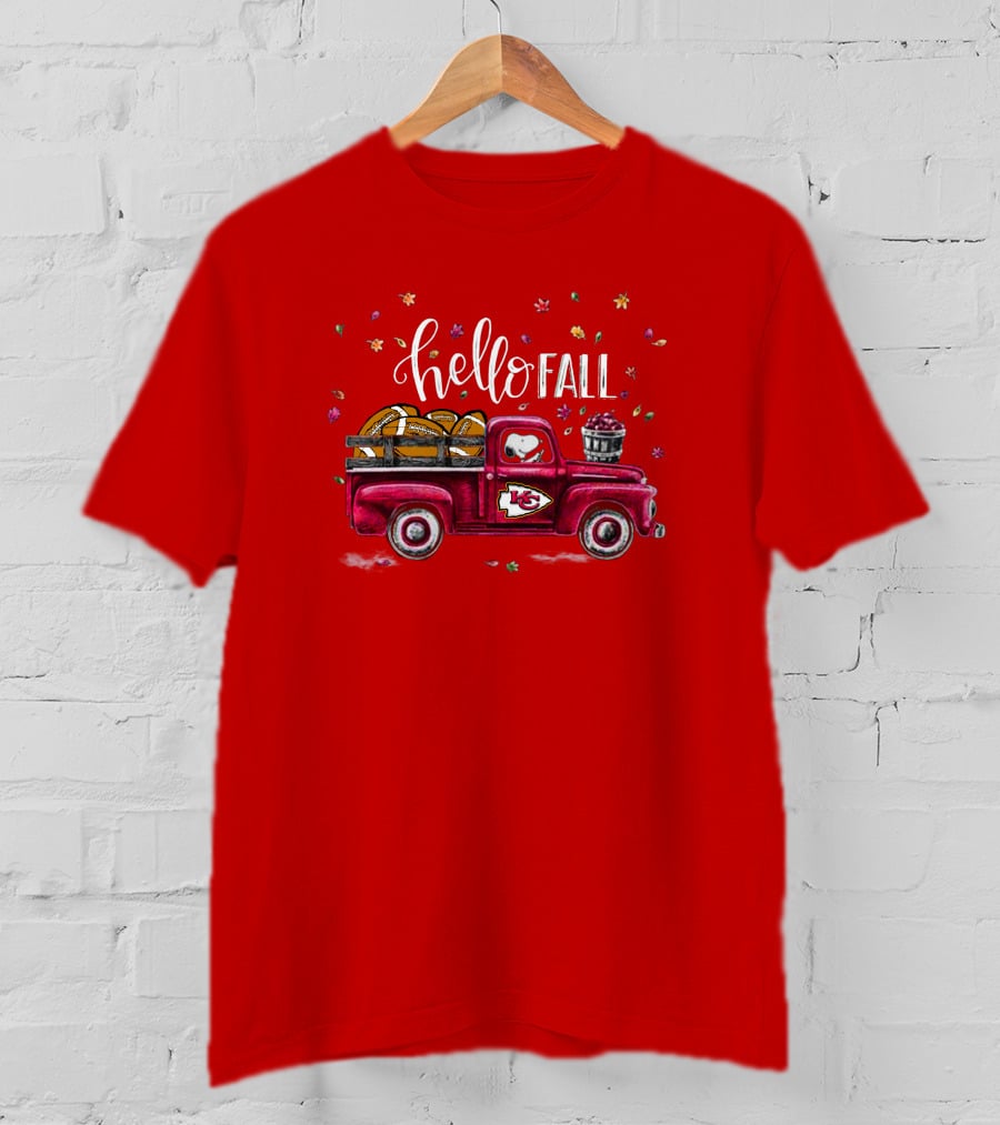 Hello Fall Kansas City Chiefs Truck With Autumn Leaves T-Shirt