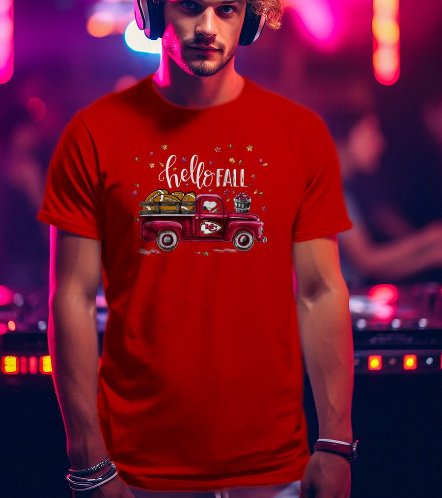 Hello Fall Kansas City Chiefs Truck With Autumn Leaves T-Shirt
