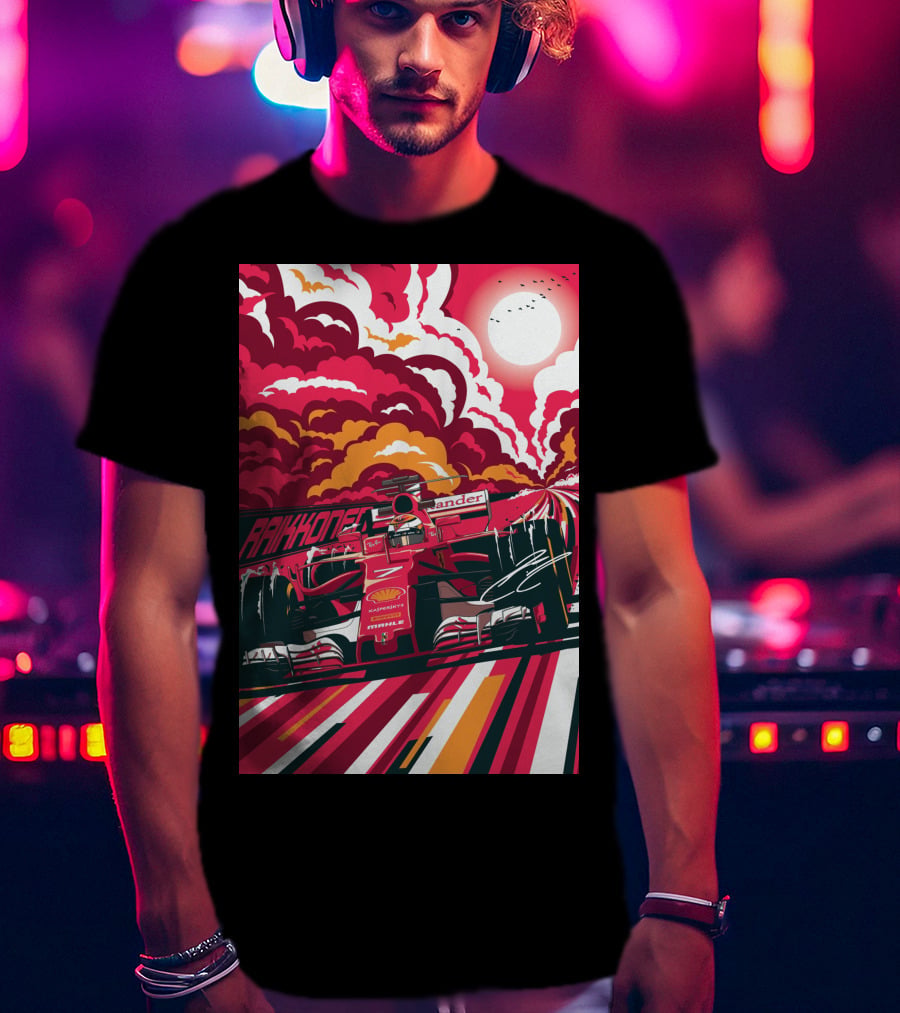 Raikkonen Formula 1 Racing Ferrari F1 Car Sunset Scene T-Shirt