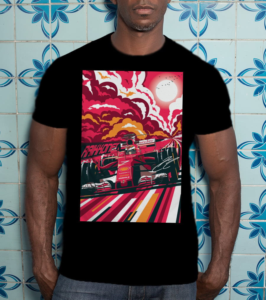 Raikkonen Formula 1 Racing Ferrari F1 Car Sunset Scene T-Shirt