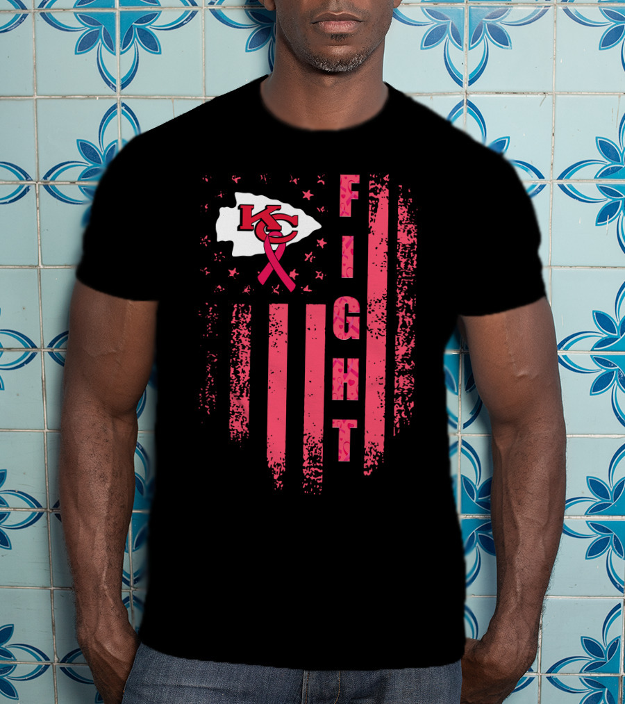 Fight Kc Chiefs Pink Ribbon American Flag T-Shirt