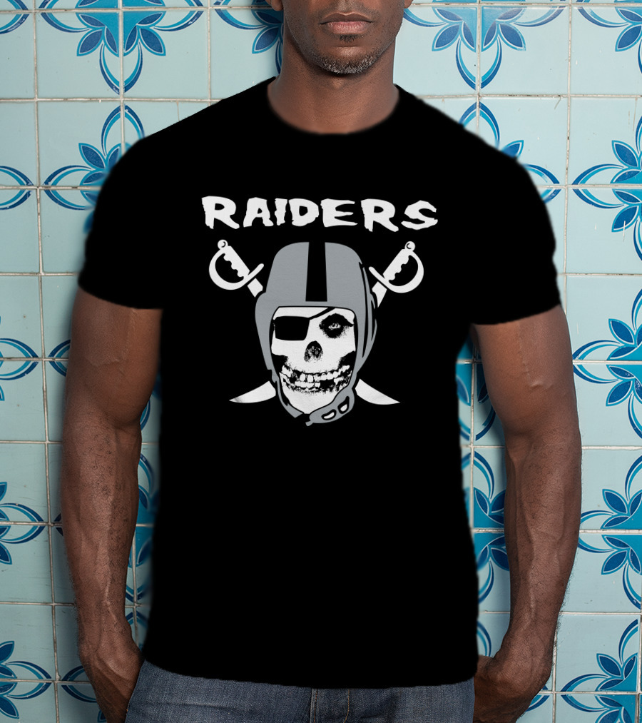 Raiders Skull Helmet Swords Logo Black And White T-Shirt