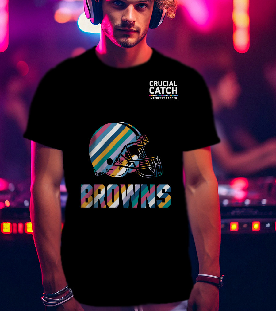 Browns Crucial Catch Intercept Cancer Helmet Stripes T-Shirt