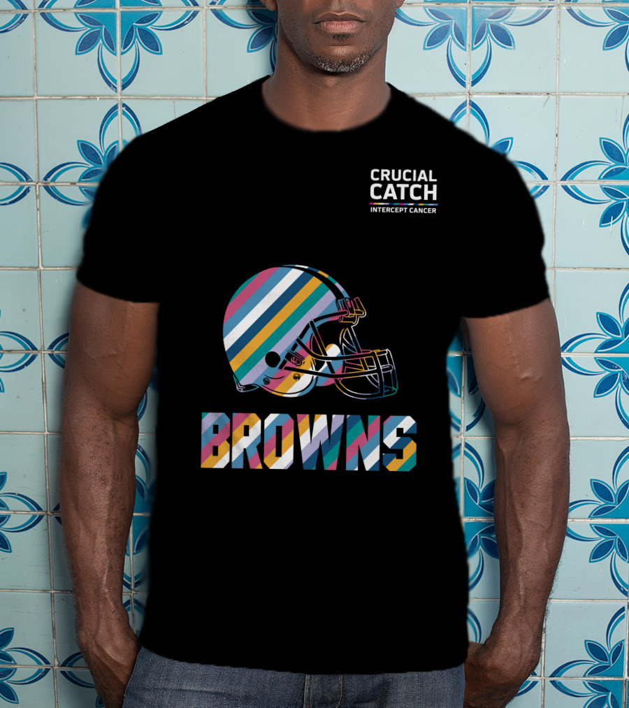Browns Crucial Catch Intercept Cancer Helmet Stripes T-Shirt