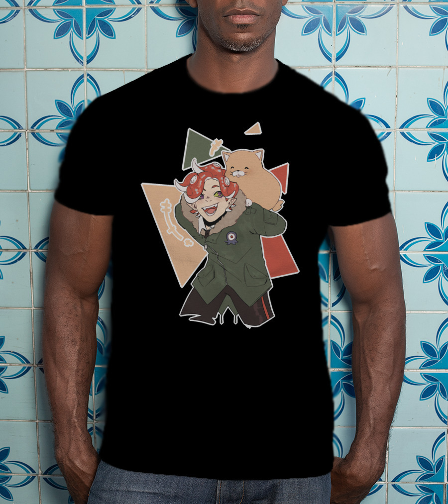 Piggyback Cute Demon With Cat Companion And Colorful Shapes T-Shirt