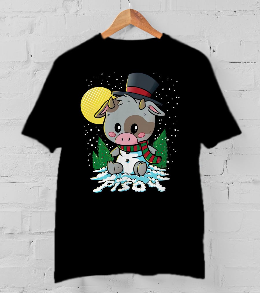 Piso4 Cute Cow In Snow With Top Hat And Scarf Winter Scene T-Shirt