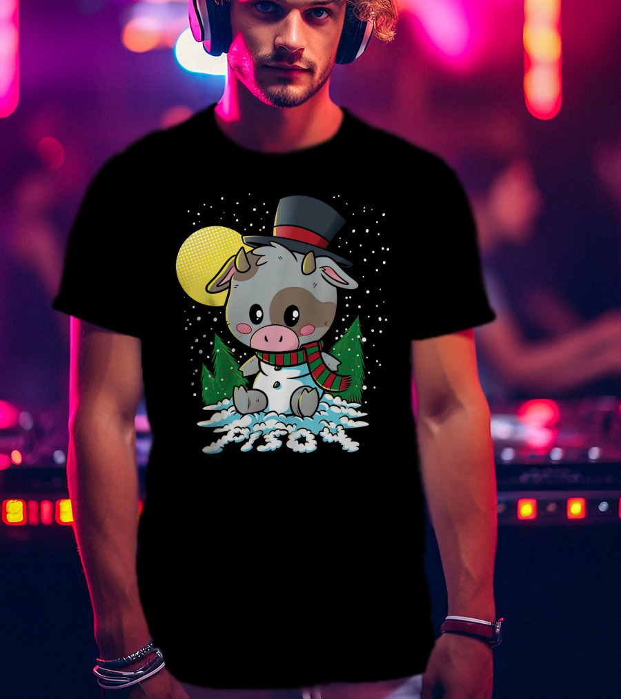 Piso4 Cute Cow In Snow With Top Hat And Scarf Winter Scene T-Shirt