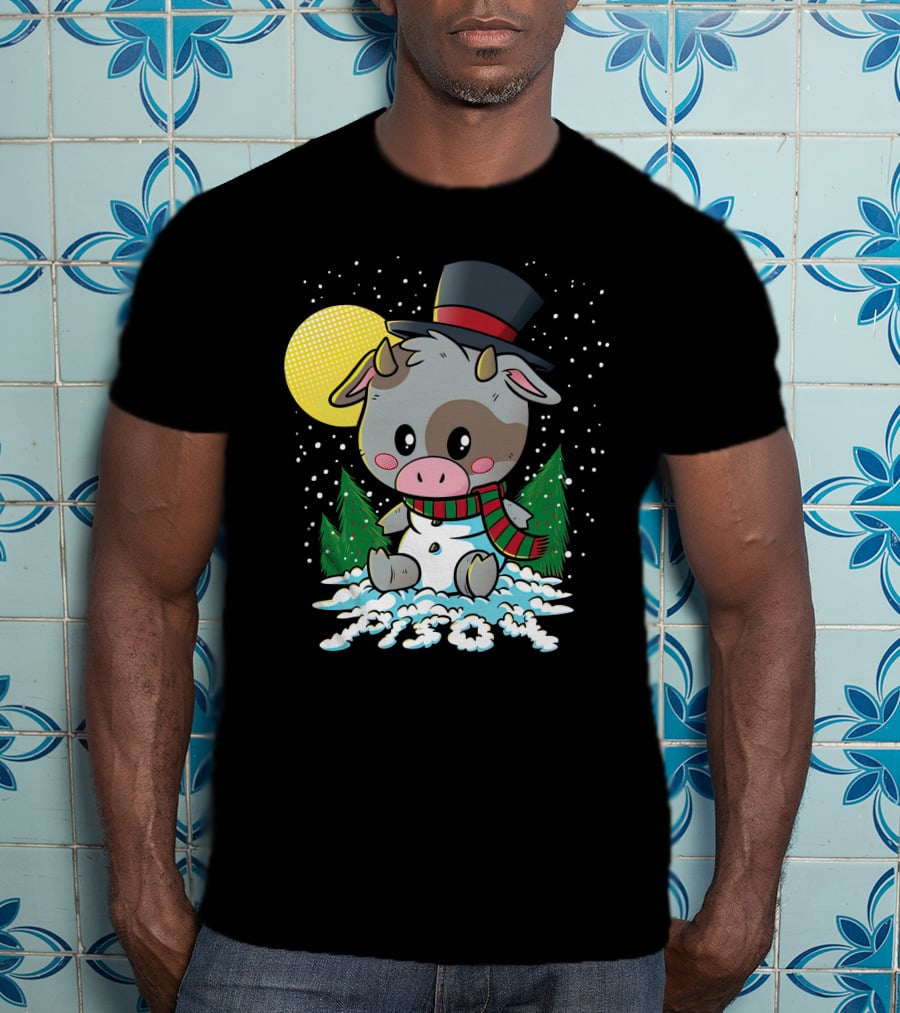 Piso4 Cute Cow In Snow With Top Hat And Scarf Winter Scene T-Shirt