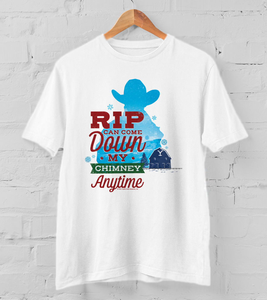Rip Can Come Down My Chimney Anytime Blue Cowboy Silhouette Snowflakes Barn T-Shirt