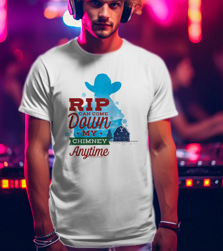 Rip Can Come Down My Chimney Anytime Blue Cowboy Silhouette Snowflakes Barn T-Shirt